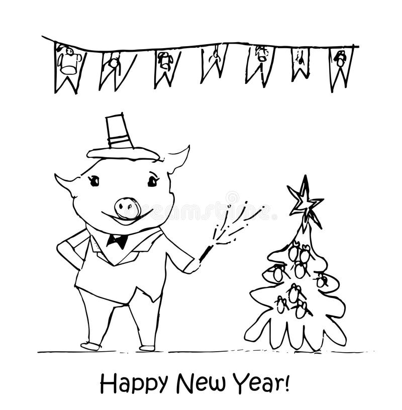 New Year illustration. Children`s drawings with black chalk on a white background. Christmas tree, fur-tree toys, candy, pig, 2019 vector illustration New Year illustration. Children`s drawings with black chalk on a white background. Christmas tree, fur-tree toys, candy, pig, 2019 vector illustration