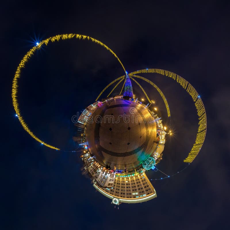 New year little planet. Spherical aerial 360 degree panorama night view on a festive square with a Christmas tree