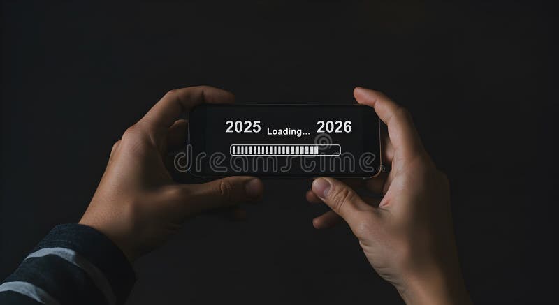 New year 2026 loading concept on mobile phone held by hands showing progress bar and dark background royalty free illustration