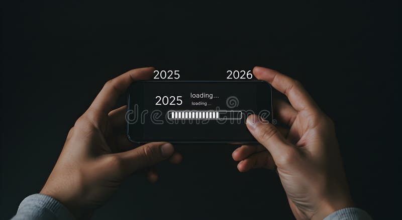 New year loading concept on smartphone screen from 2025 to 2026 with hands holding phone stock illustration