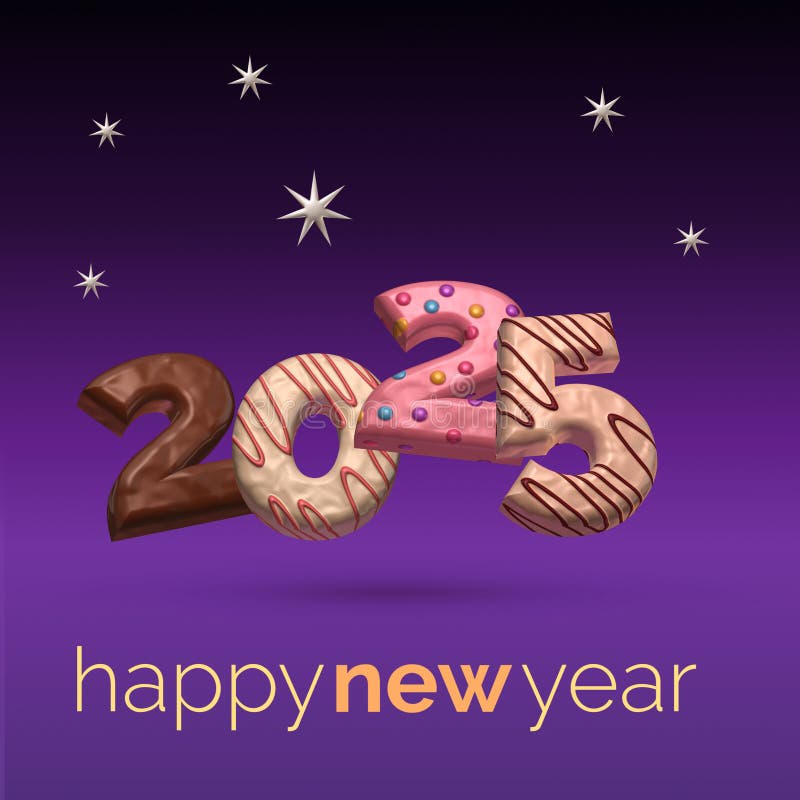 2025 New Year Made of Cookies, Dark Background with Stars, 3d Rendering Stock Illustration