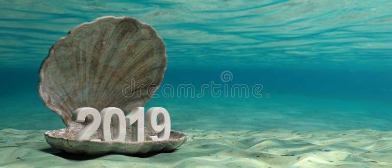 2019 New year in an oyster shell underwater, on the seabed. 3d illustration royalty free illustration 2019 New year in an oyster shell underwater, on the seabed. 3d illustration royalty free illustration