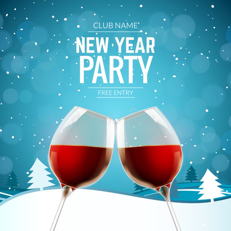 New year party celebration alcohol champagne wine background. Winter landscape with two glasses and confetti holiday decoration vector illustration New year party celebration alcohol champagne wine background. Winter landscape with two glasses and confetti holiday decoration vector illustration