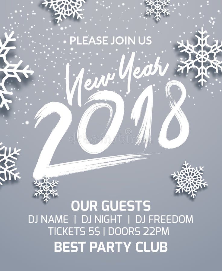 New year 2018 party poster invitation decoration design. Dance disco xmas holiday template background with snowflakes stock illustration New year 2018 party poster invitation decoration design. Dance disco xmas holiday template background with snowflakes stock illustration