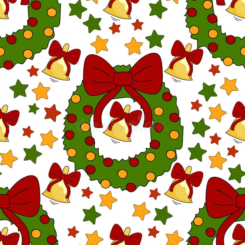 New Year pattern with christmas decoration elements. Happy holidays pattern with bell, stars, wreath on a white background. vector illustration