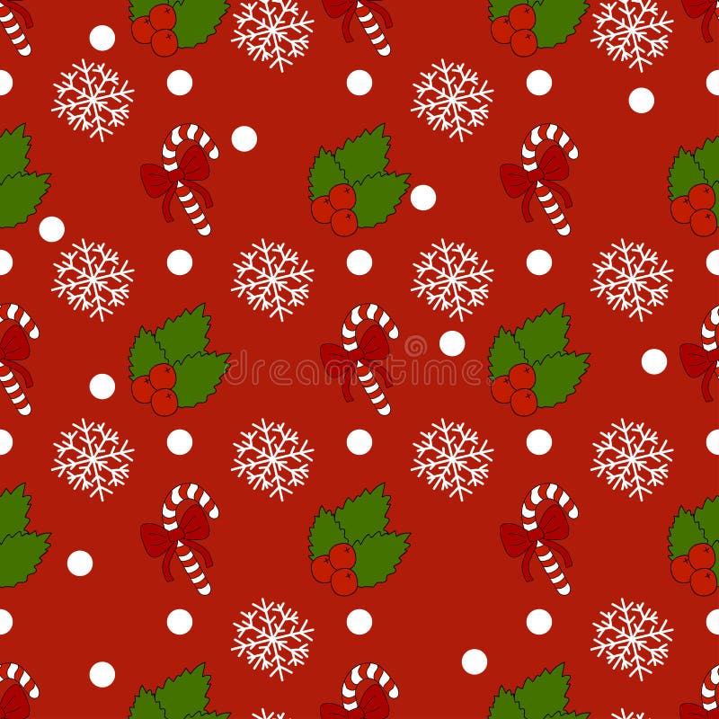 New Year pattern with christmas decoration elements. Happy holidays pattern with christmas candy and snow on a red background. royalty free illustration