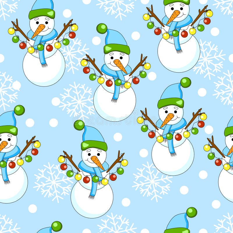 New Year pattern with christmas decoration elements. Happy holidays pattern with snowman on a blue background. royalty free illustration