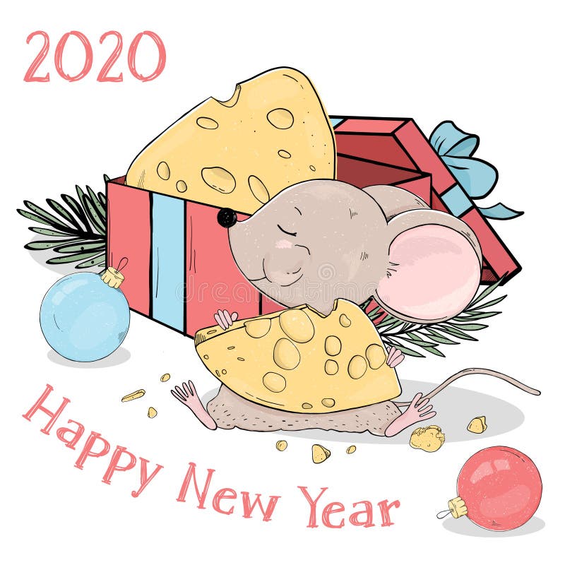 New year 2020. Postcard with a funny little mouse with cheese, gift box and Christmas balls.