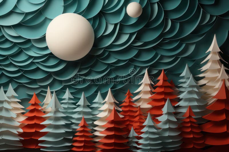 New Year\'s background in paper cut style. New Year trees of different colors. AI generative stock illustration
