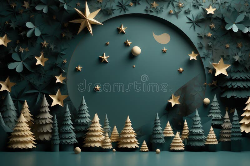 New Year\'s background in paper cut style. New Year trees and stars. AI generative stock illustration