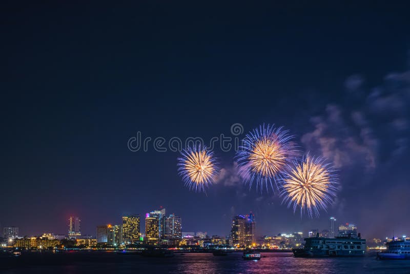 New Year`s celebration fireworks in night city in Pattaya, Thailand