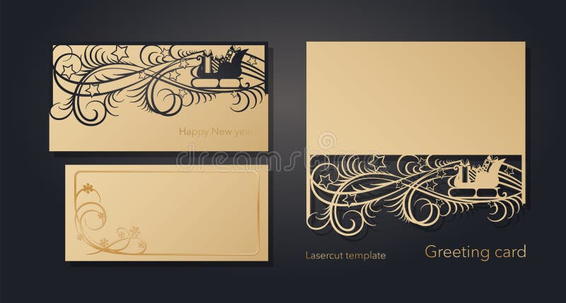 New Year`s and Christmas. Laser greeting card template, invitations for New Year events. Winter openwork, snow pattern stock illustration New Year`s and Christmas. Laser greeting card template, invitations for New Year events. Winter openwork, snow pattern stock illustration