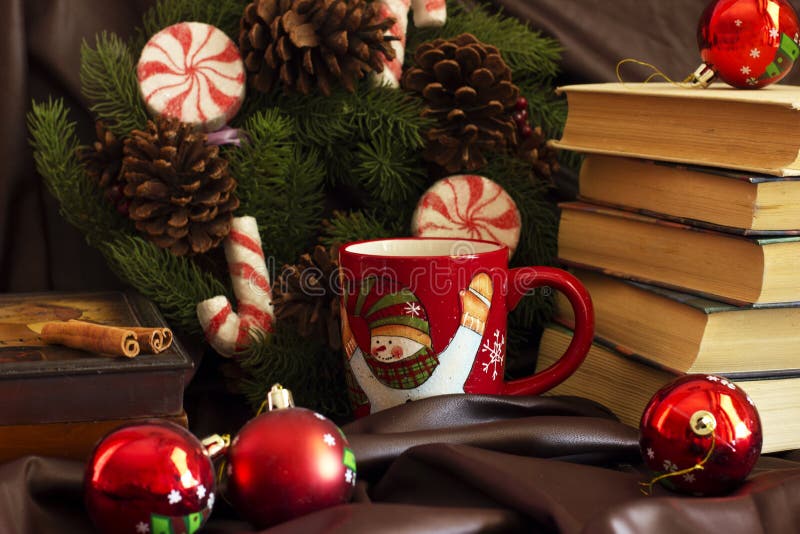 New Year`s composition from mugs, books, caskets, Christmas ball stock photography New Year`s composition from mugs, books, caskets, Christmas ball stock photography