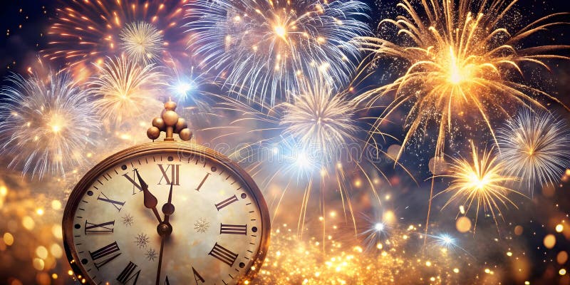 New Year’s countdown with sparkling fireworks and a clock striking midnight vector illustration