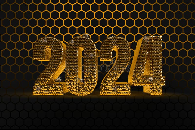 New Year`s Eve Hive with Bee on Honey Comb Shiny Hexagonal Gold Number