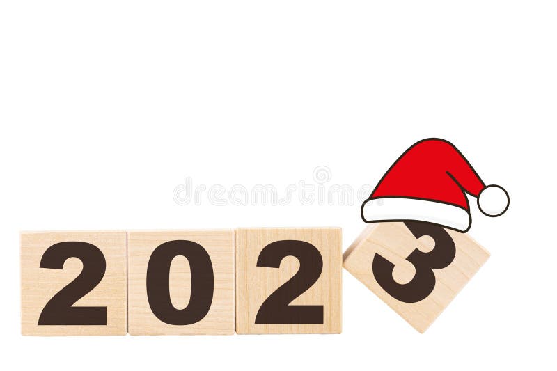 2023, New Year\ s numbers made up of wooden cubes and Santa Claus hat. White isolated background. Calendar