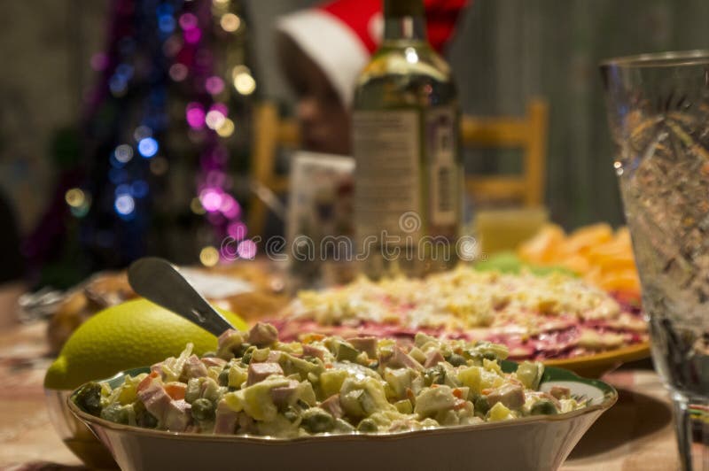 New Year S Russian Table With Salads And Wine Stock Image Image