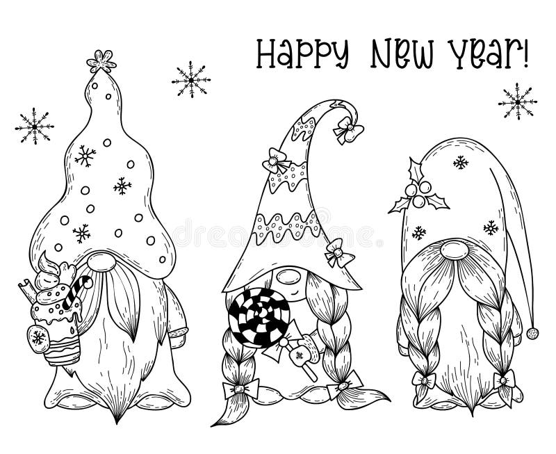 New year Scandinavian gnomes. Cute gnome character with dessert and gnome girl with lollipop. Vector illustration. hand