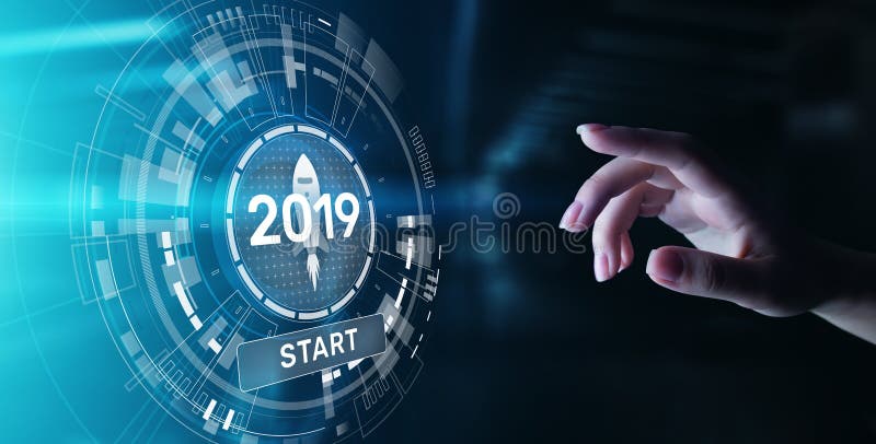 New year 2019 start button on virtual screen hologram. FInancial growth and new perspective in business and life.