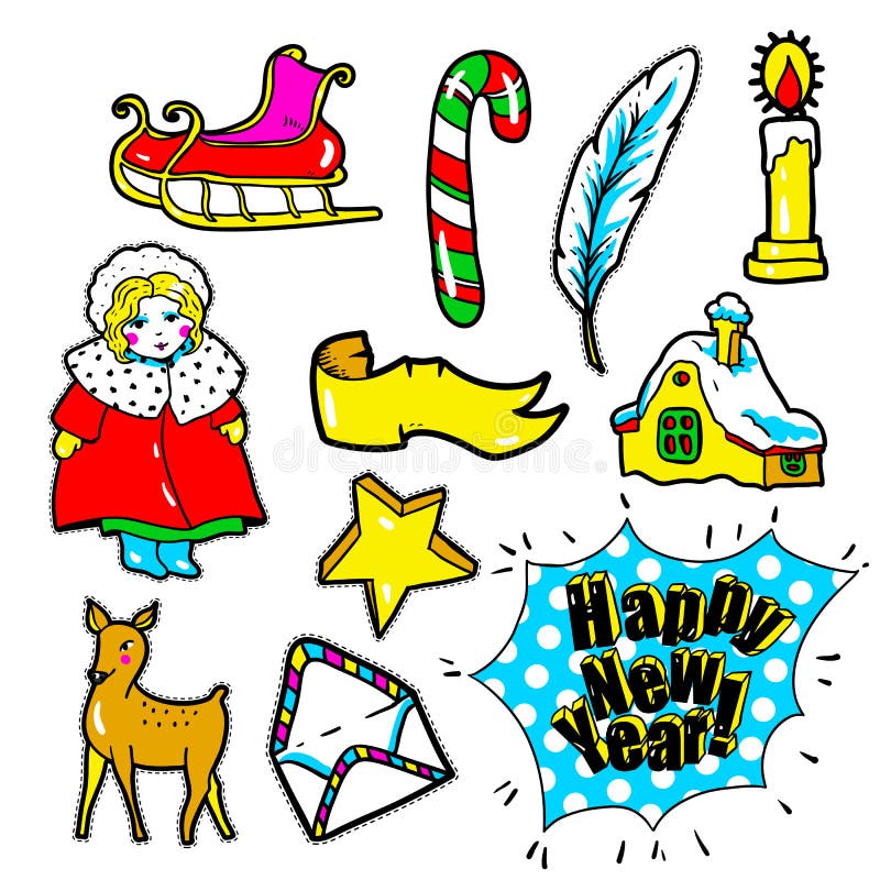 New Year stickers, pins, patches in cartoon 80s-90s comic style stock illustration New Year stickers, pins, patches in cartoon 80s-90s comic style stock illustration