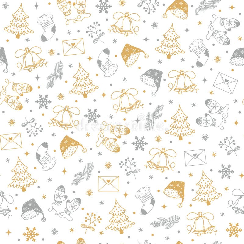 New Year symbols seamless vector pattern. Hand drawn gold, silver elements. Festive objects - Christmas tree, mittens, cap vector illustration