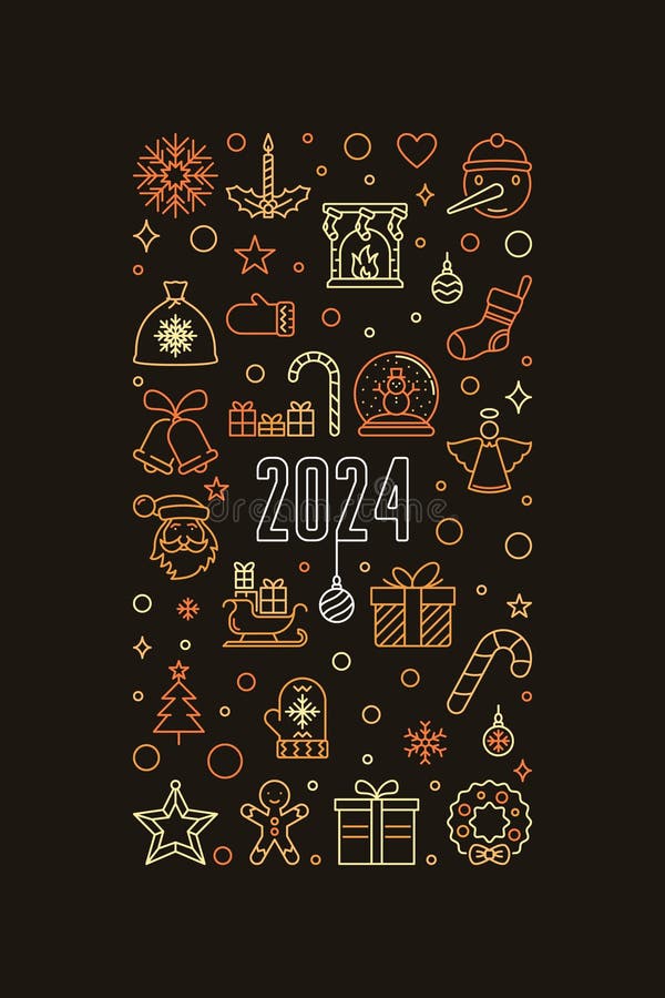 2024 New Year thin line vertical creative banner - vector Merry Christmas brown illustration stock illustration