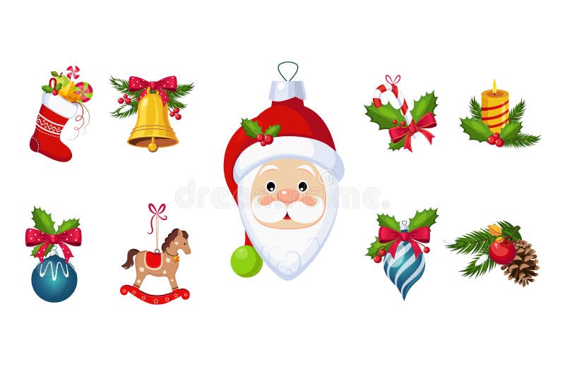 New Year traditional symbols collection, Christmas tree decorations, bell, sock, Santa Claus, horse decor vector