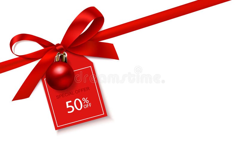 New year winter sale design template. Decorative red bow with Christmas ball and price tag on the corner of page