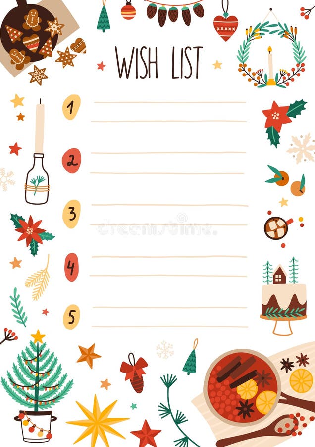 New Year wish list vector illustration. Decorated scrapbook sheet page. Childish letter to Santa Claus design idea vector illustration