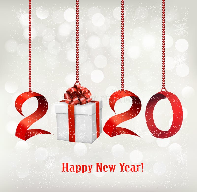 2020 New Years background with gift box and red ribbons.