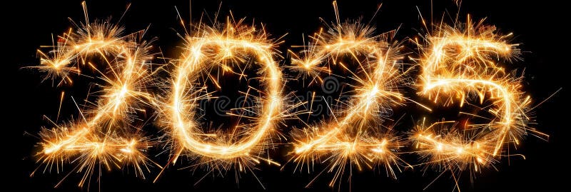 2025 New Years Eve celebration with sparkling fireworks light painting on black background stock illustration