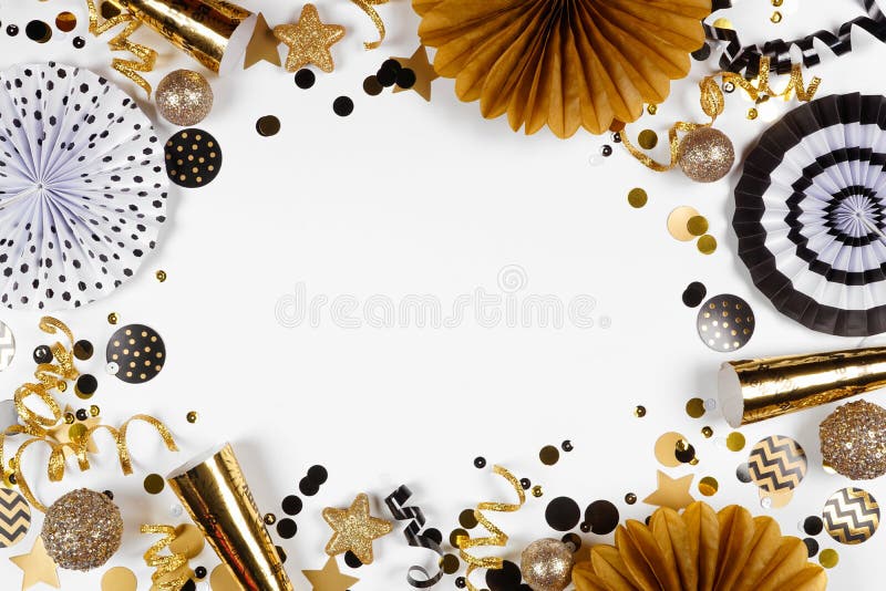 New Years Eve Side Border of Gold and Black Confetti, Streamers and  Champagne Over a White Background Stock Image - Image of black, alcohol:  235299523