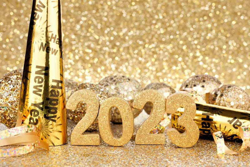New Years Eve 2023 decorations with twinkling light background