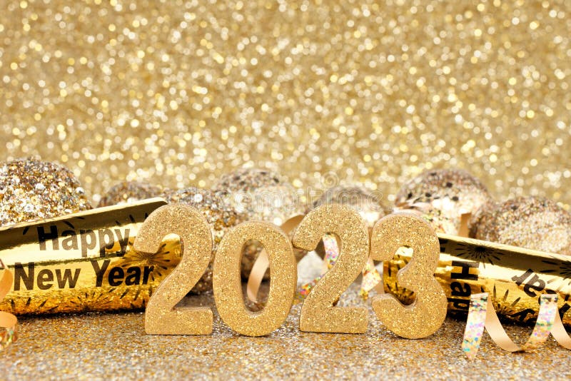 New Years Eve 2023 decorations with twinkling light background