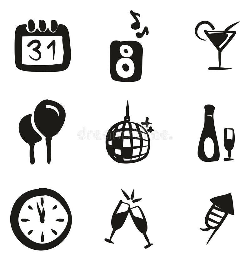 New Years Eve Icons Freehand Fill Stock Vector - Illustration of line
