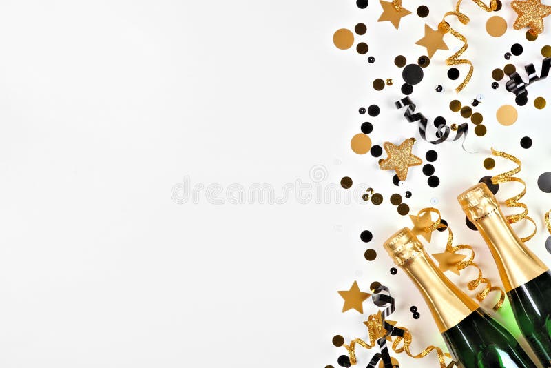 New Years Eve Frame of Glittery Gold Stars, Streamers, Decorations and  Noisemakers, Above View on a Black Background Stock Image - Image of black,  decor: 164692953