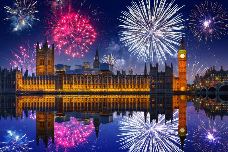 New Years Fireworks Display Over the Big Ben and Westminster Bridge in