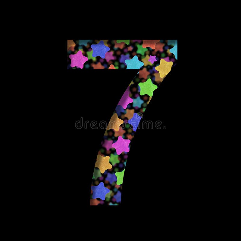 New Years font. Digit seven, 7 cut out of black paper on the background of bright colored stars of different sizes. Set of New