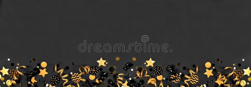 New Years Eve Corner Border Shiny Stars Streamers Decorations Noisemakers  Stock Photo by ©JeniFoto 428960802