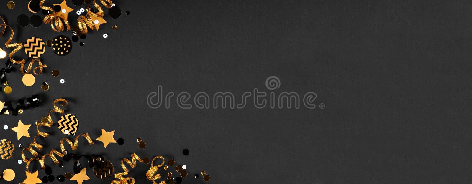 New Years Party Frame of Black and Gold Streamers and Confetti on a Black  Background Stock Photo - Image of golden, flat: 235299564