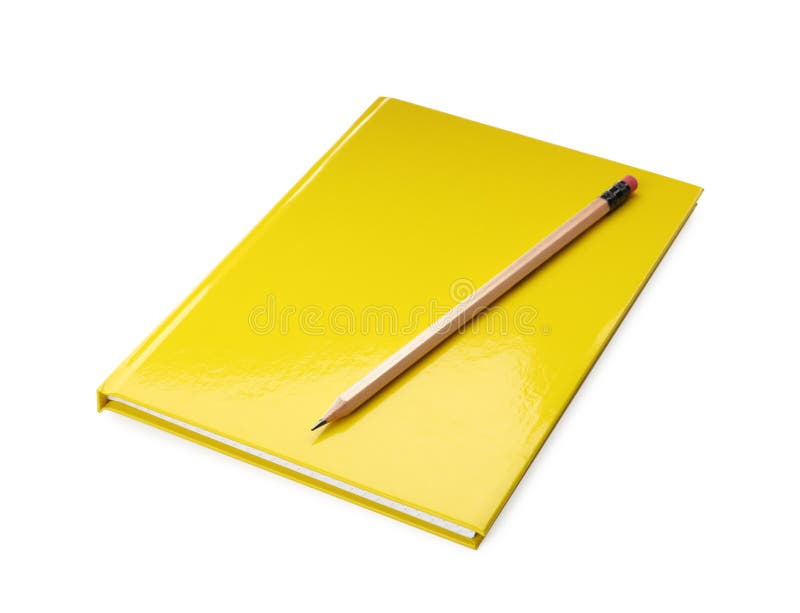 New yellow planner and pencil isolated on white stock photography