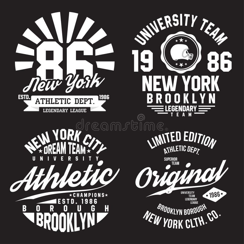 New York Brooklyn typografi för t-skjorta tryck Sportar idrotts- t-skjorta diagramuppsättning Emblemsamling