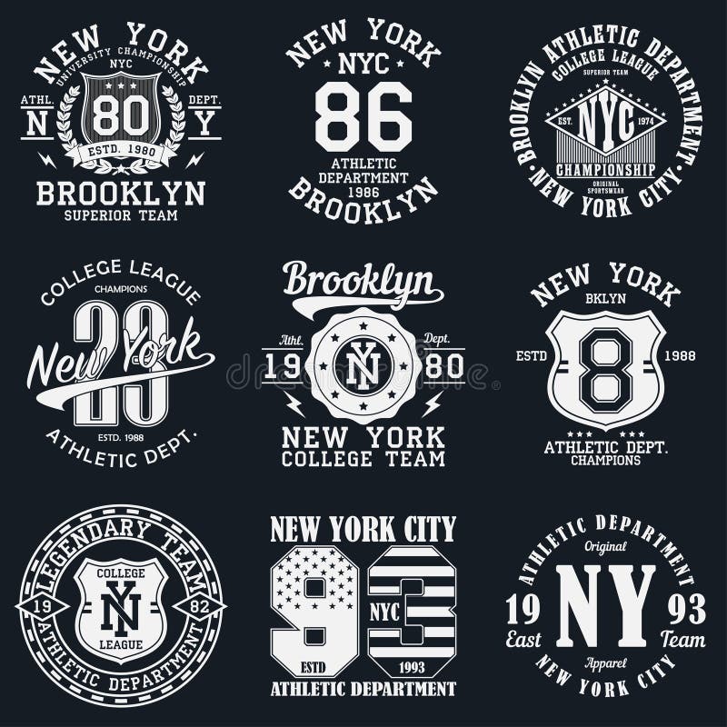 New York Brooklyn typografi Uppsättning av det idrotts- trycket för t-skjorta design Diagram för sportdräkt Samling av utslagspla