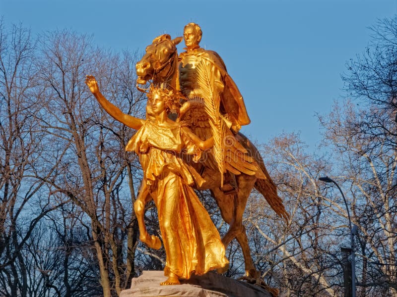 NEW YORK, USA - JANUARY 15, 2018: Sherman Memorial gilded bronze sculpture on Grand Army Plaza in winter season. NEW YORK, USA - JANUARY 15, 2018: Sherman Memorial gilded bronze sculpture on Grand Army Plaza in winter season.