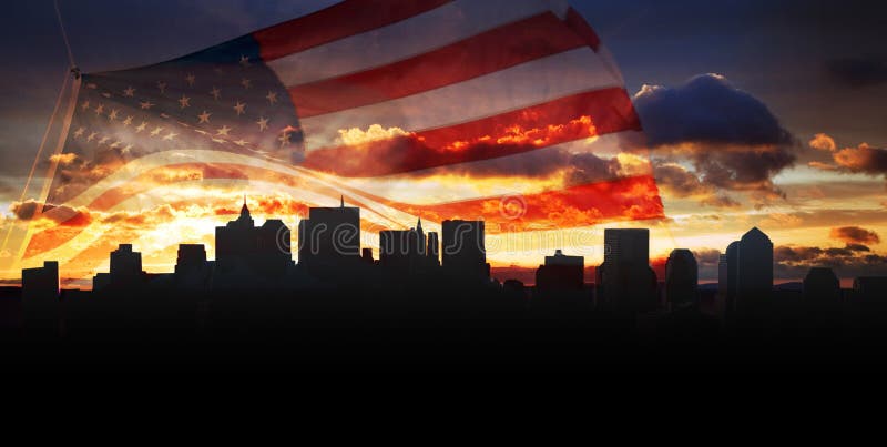 Arial vista di new york al tramonto con la bandiera Americana.