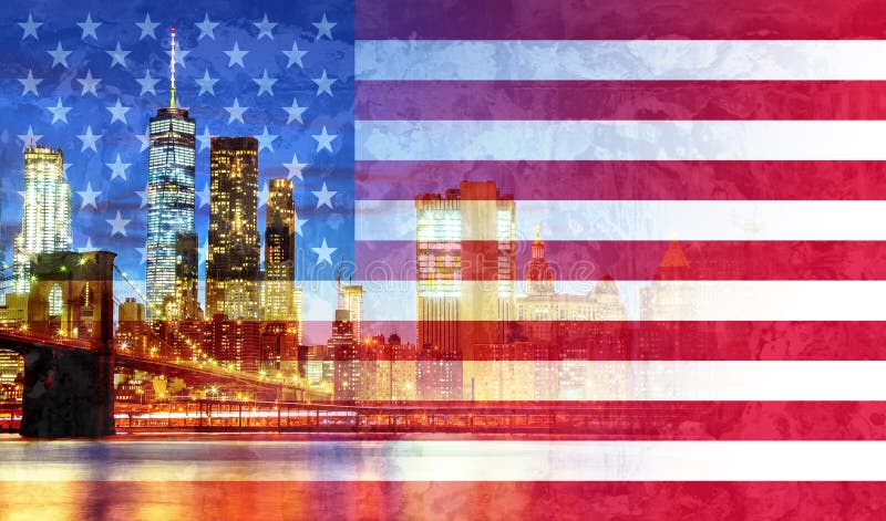 New York City ' el horizonte del puente y de Manhattan de s Brooklyn iluminó la bandera americana imagen de archivo libre de regalías New York City ' el horizonte del puente y de Manhattan de s Brooklyn iluminó la bandera americana imagen de archivo libre de regalías