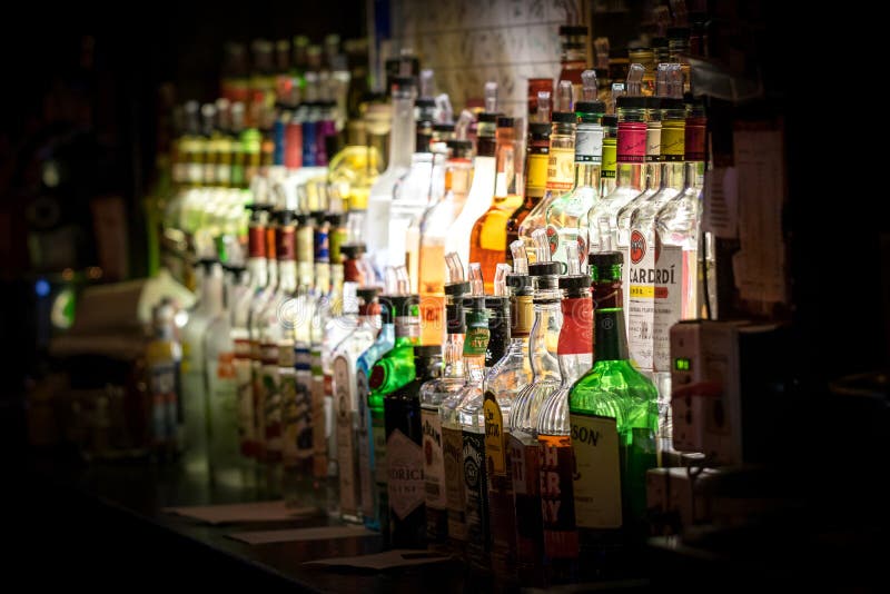 New York City, NY/USA - 01/08/2018 - Rich assortment of alcoholic beverages in a New York City bar