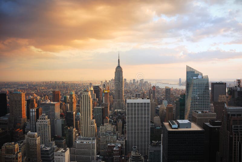 New York City skyline aerial view at dusk.