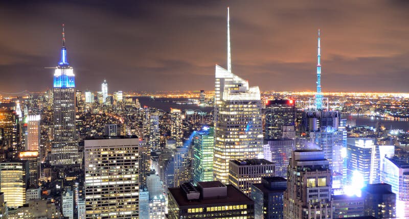 New York City Aerial Night Scene Panorama Stock Photo - Image of center ...