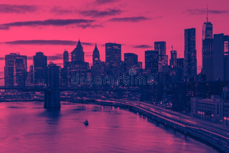 New York City Skyline Buildings in Pink and Blue Stock Image - Image of ...